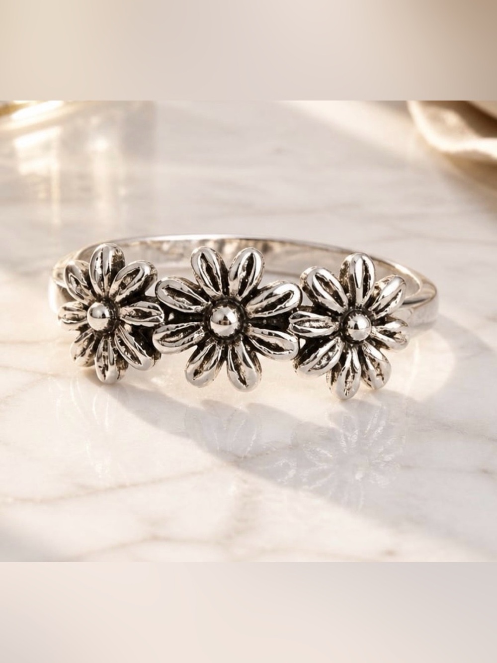 Size 8 Sterling Silver Floral Trio Statement Ring